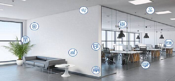 View of a empty corporate office with icons in the foreground